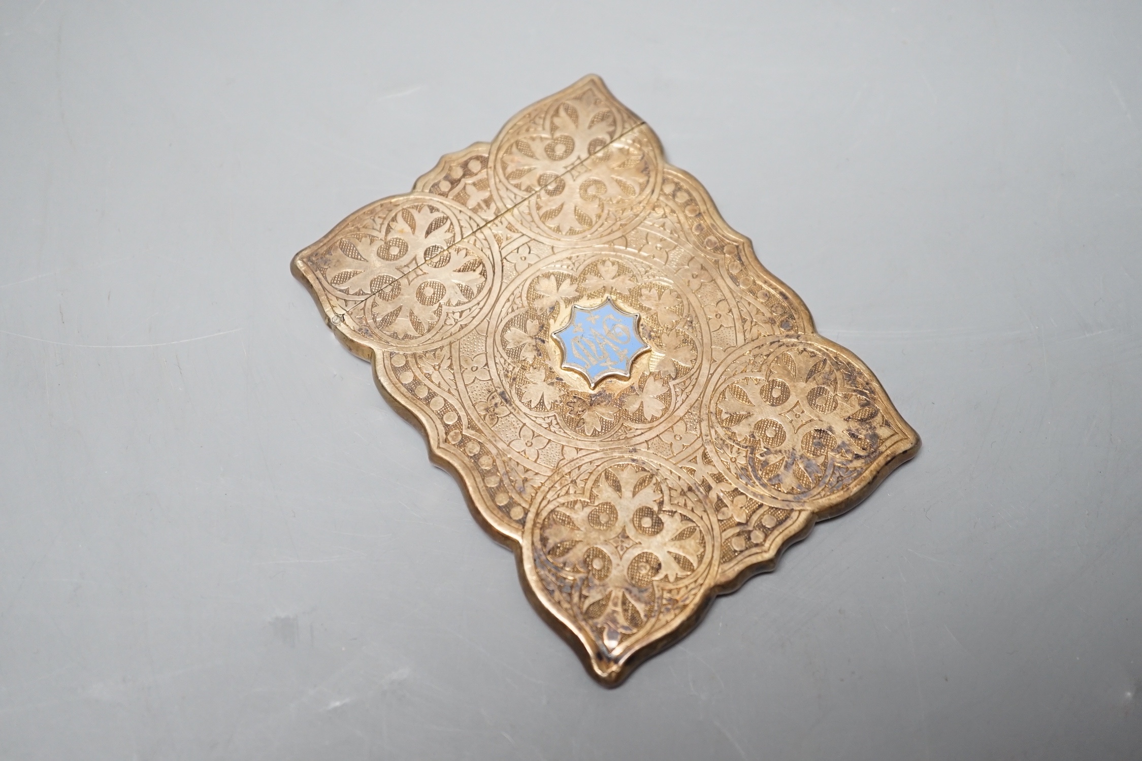 A Victorian engraved silver card case with initialled enamelled applique, Hilliard & Thomasson, Birmingham, 1851, 9.8cm